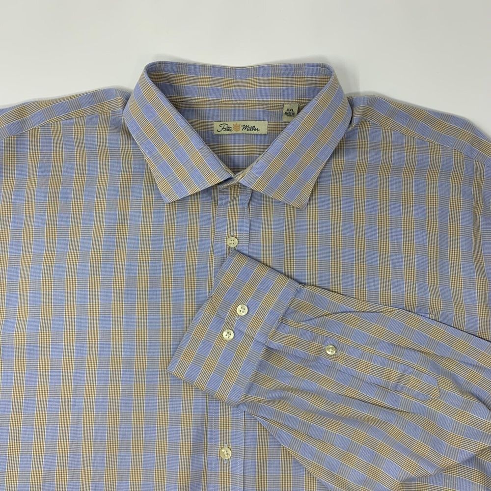 Peter Millar Men's Shirt Light Blue Yellow Plaid Long Sleeve Button Up Size XXL
